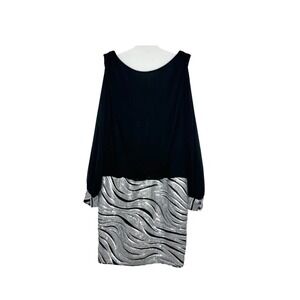 Cache Black Cold Shoulder Sequin Mini Dress Silver Wavy Pattern Party Cocktail